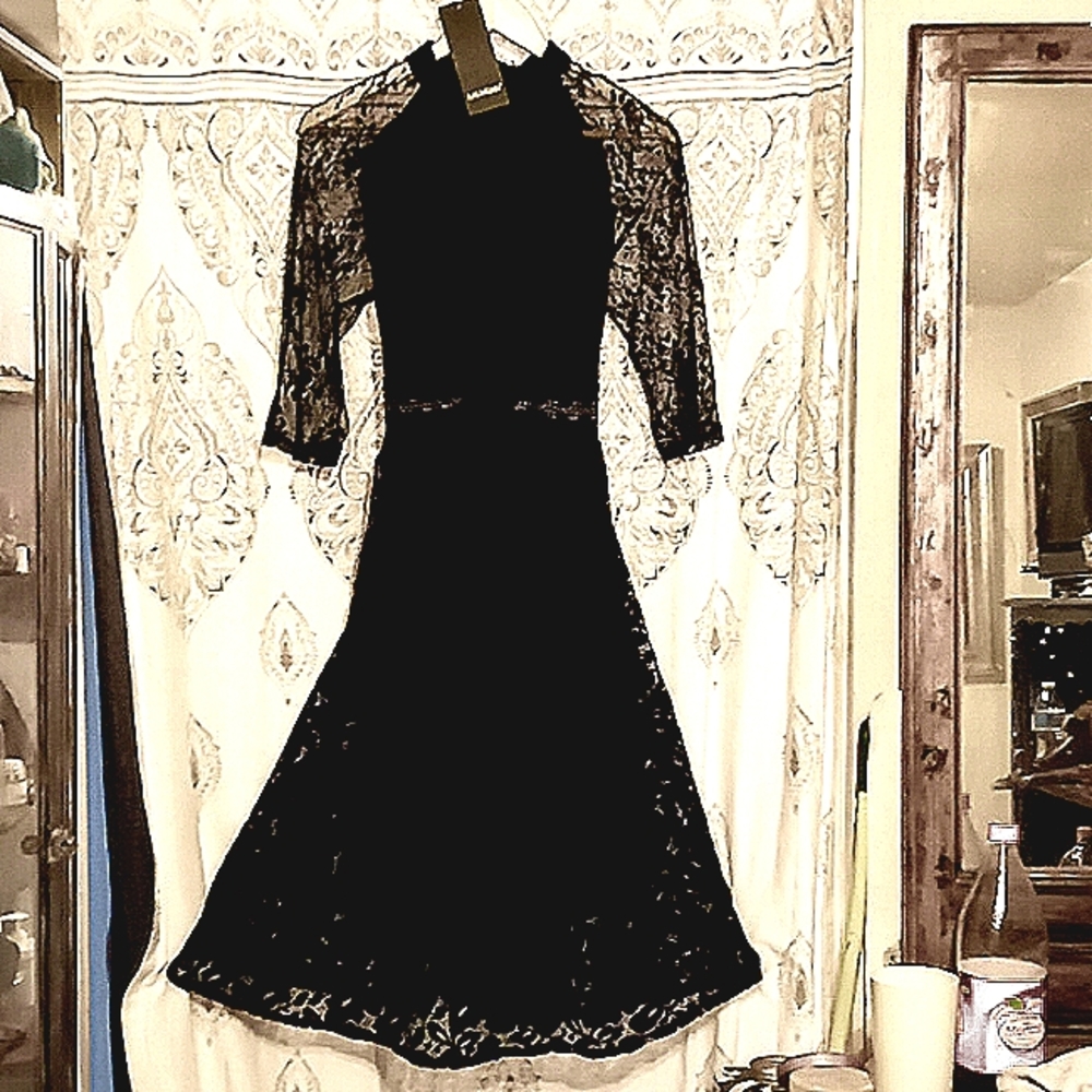 New with tags Lai Meng Long sleeve Black Floral Lace Midi Dress Size L